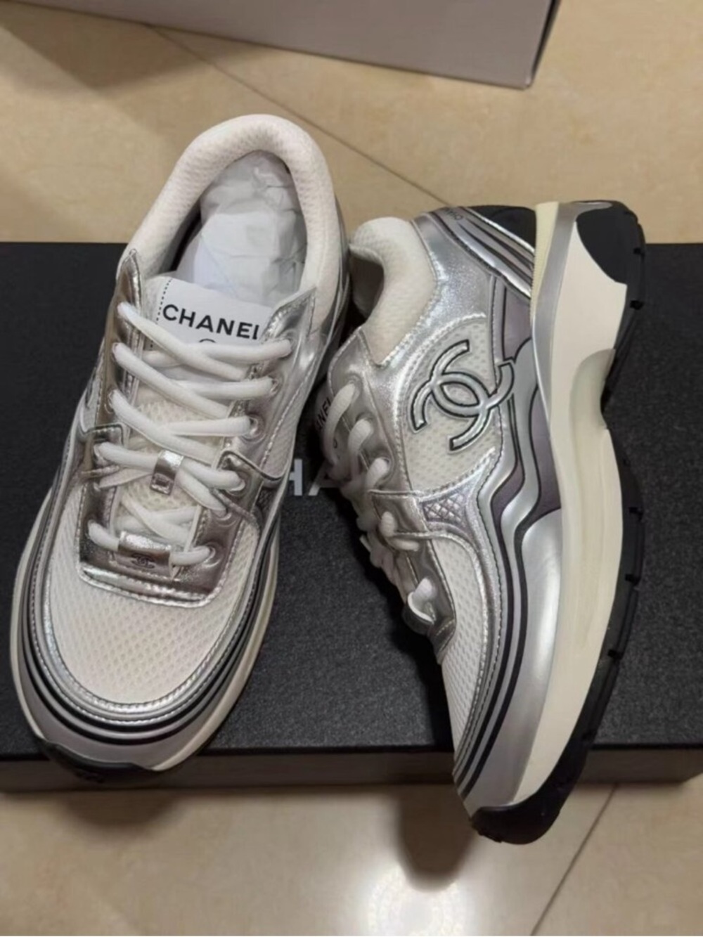 CHANEL Silver and White Mesh Runner Sneakers